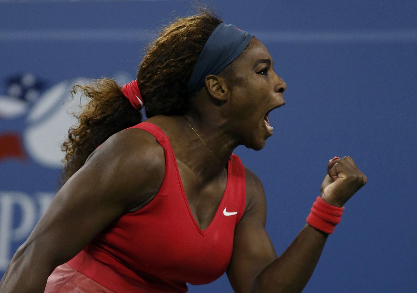 Serena Williams of the U.S. celebrates a point against Azarenka of Belarus during their women's singles final match at the U.S. Open tennis championships in New York