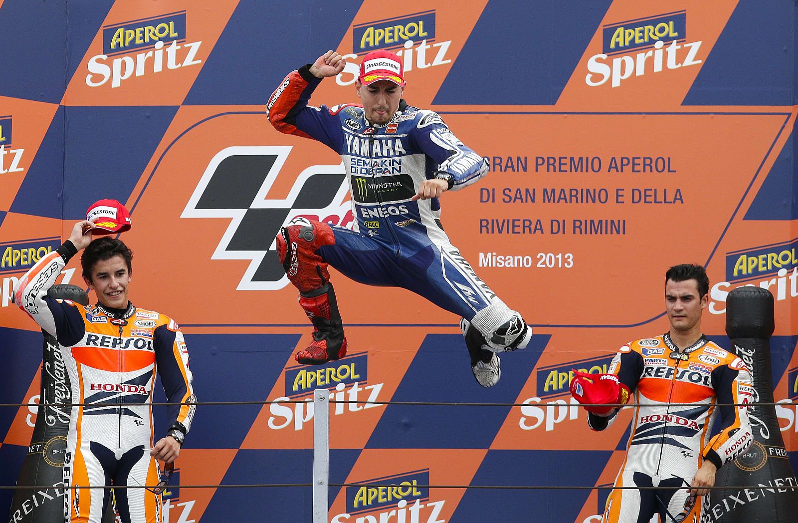 Yamaha MotoGP rider Lorenzo celebrates on the podium after winning the San Marino Grand Prix in Misano circuit in central Italy
