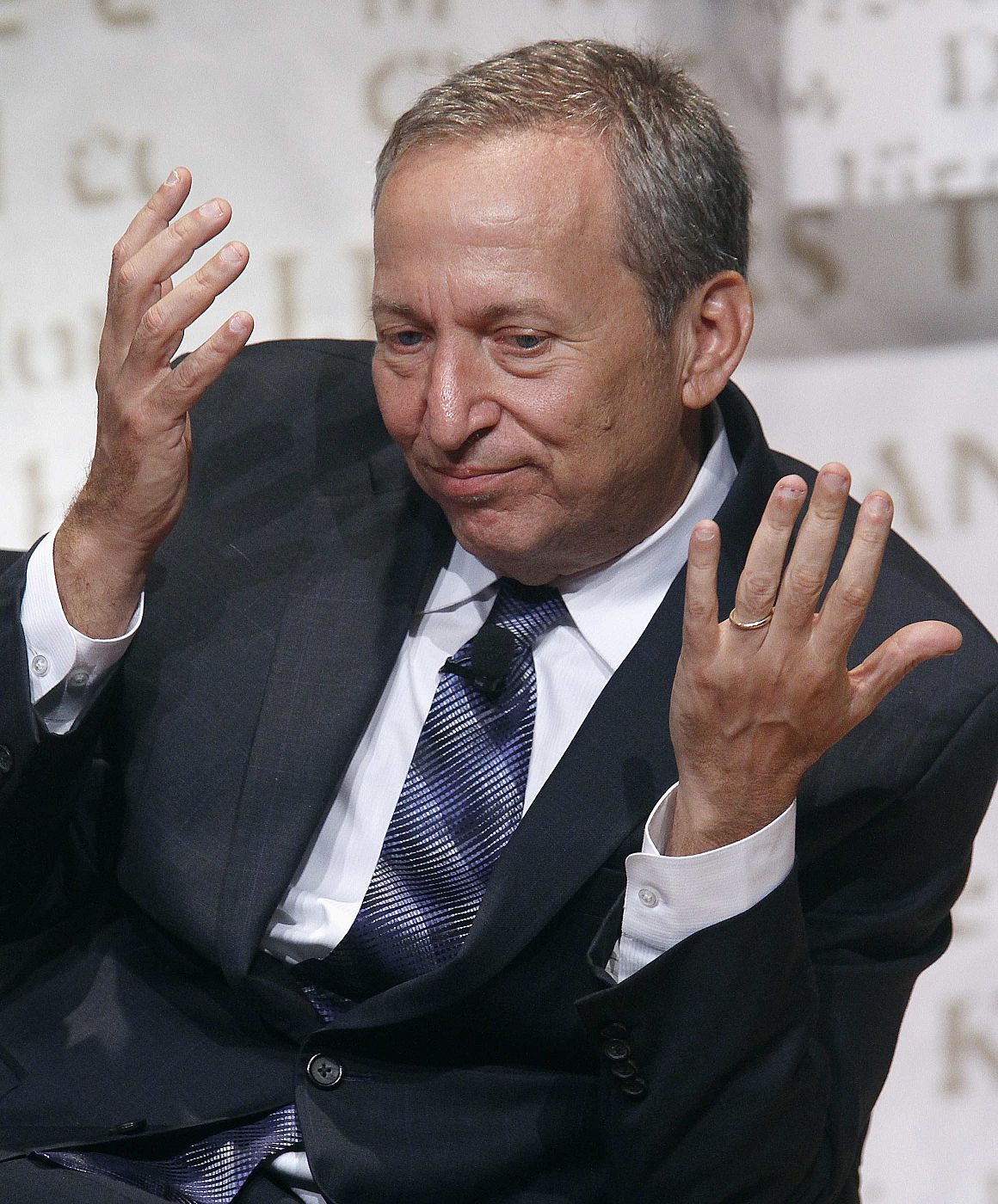 Harvard University's President Emeritus and Charles W. Eliot Professor Lawrence Summers gestures while he speaks during The Economist's Buttonwood Gathering in New York in this file photo