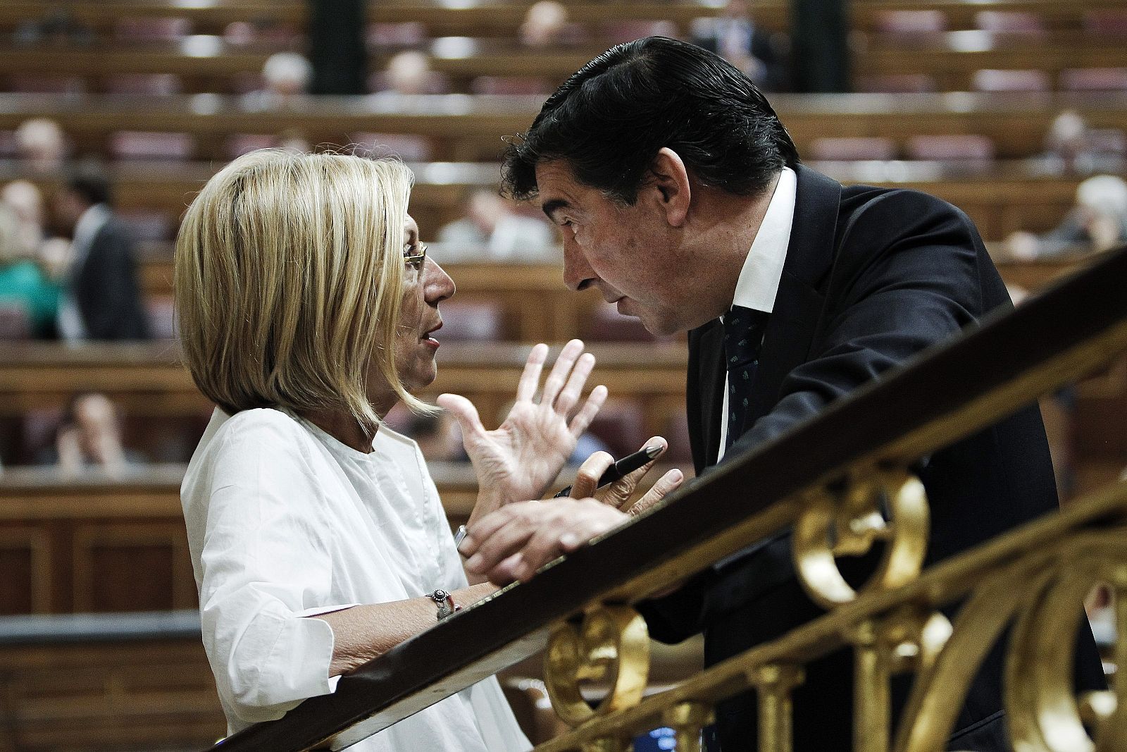 La portavoz de UPyD, Rosa Díez, conversa con el secretario general del Grupo Popular en el Congreso, José Antonio Bermúdez de Castro,