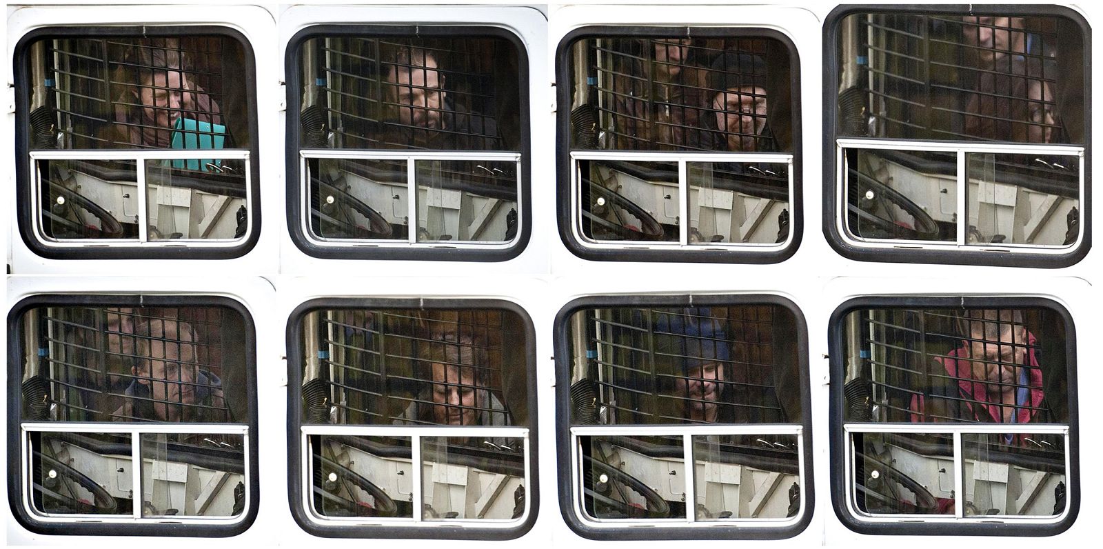 Montaje que muestra a varios activistas de Greenpeace a su salida de la audiencia ante un tribunal ruso