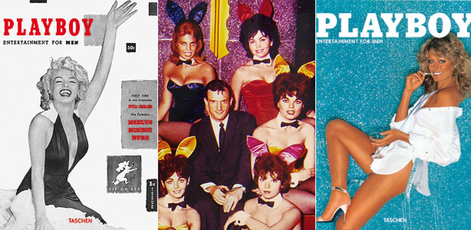 Hugh Hefner rodeado de sus "Conejitas" y flanqueado por dos de las portadas más famosas de 'Playboy', la del primer número, con Marilyn Monroe, y la del ejemplar protagonizado por Farrah Fawcett