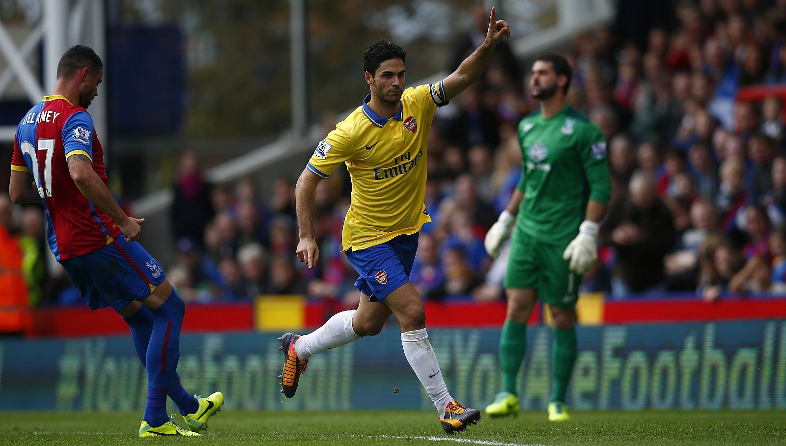 Arteta of Arsenal celebrates scoring against Crystal Palace from the penalty spot during their English Premier League soccer match at Selhurst Park, London