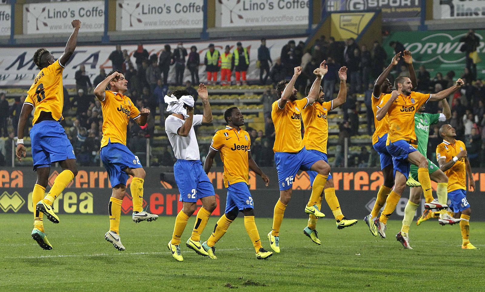 Juventus players celebrate their win at the end of their Italian Serie A soccer match against Parma at Tardini stadium in Parma