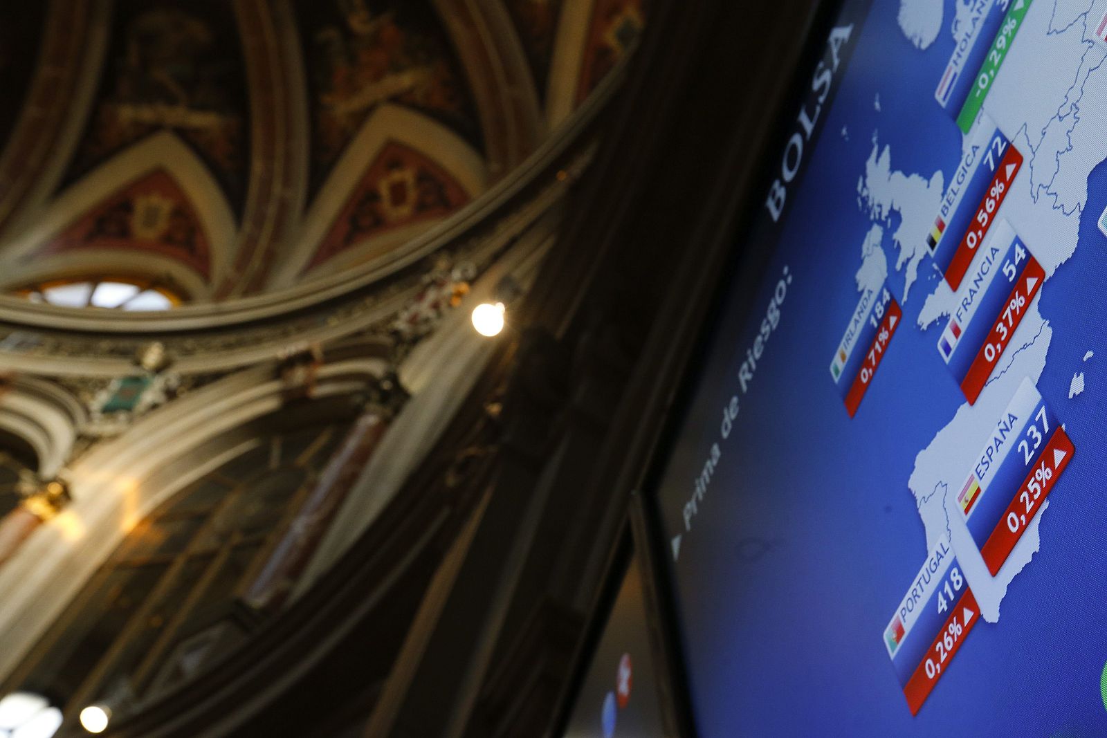 Un monitor en la Bolsa de Madrid muestra el valor de la prima de riesgo en algunos países de la zona euro