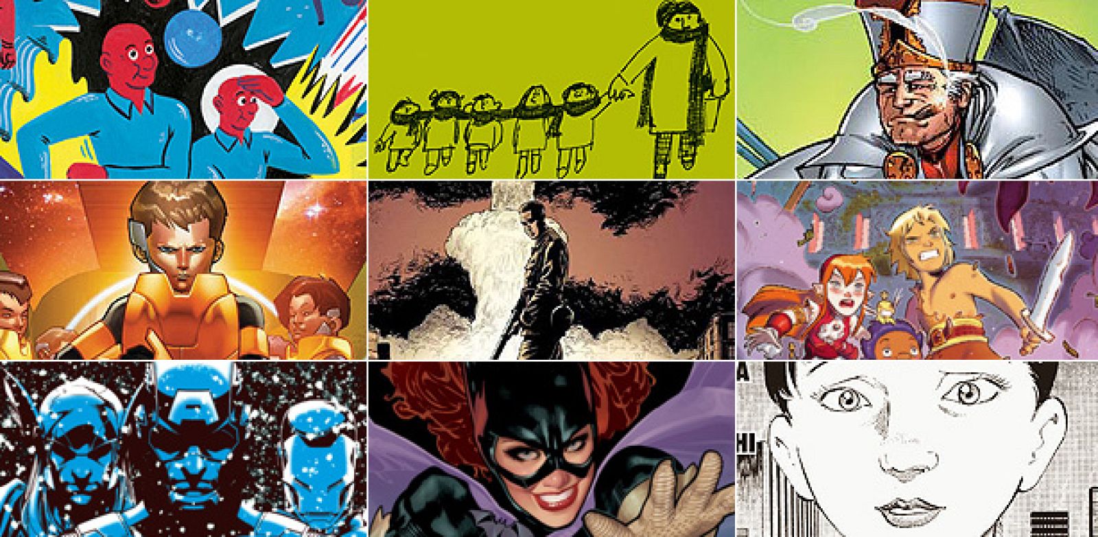 Fragmentos de las portadas de 'White Cube',  'Cesc (Sin palabras), 'Battle Pope 2', 'El juego de Ender: Escuela de mando', 'WW 2.2: La otra Guerra Mundial', 'Leyendas de Parvaterra 2', 'Los Vengadores: La Guerra Interminable', 'Inkside' y 'Oldboy 3'