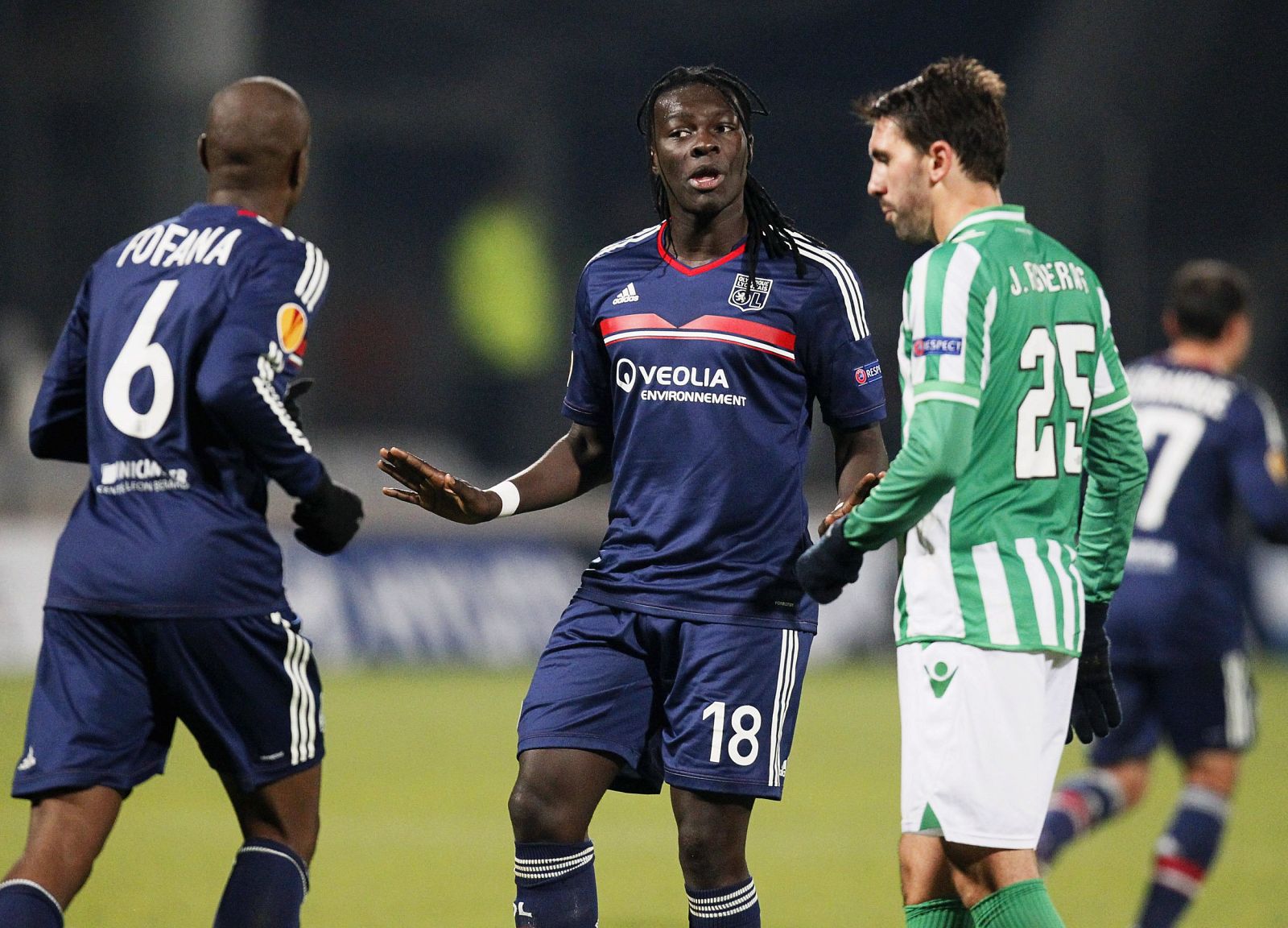 Olympique Lyon's Bafetimbi Gomis reacts after scoring against Real Betis during their Europa League soccer match at the Gerland stadium in Lyon