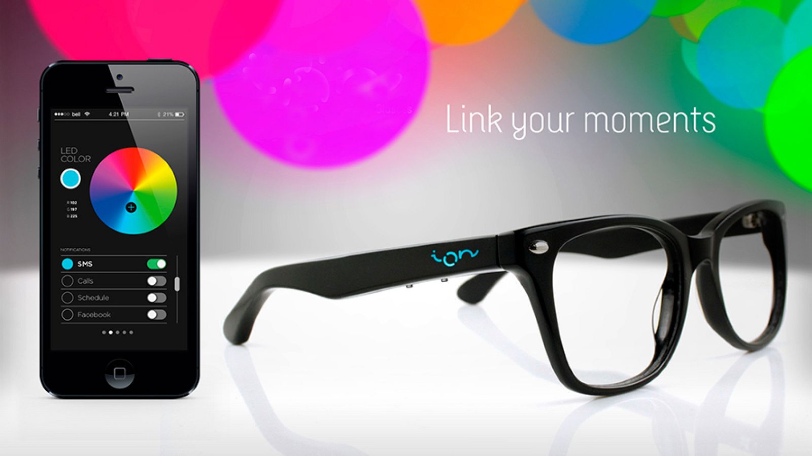 Las ION Glasses tienen un estiloso diseño y reciben mensajes del teléfono inteligente.