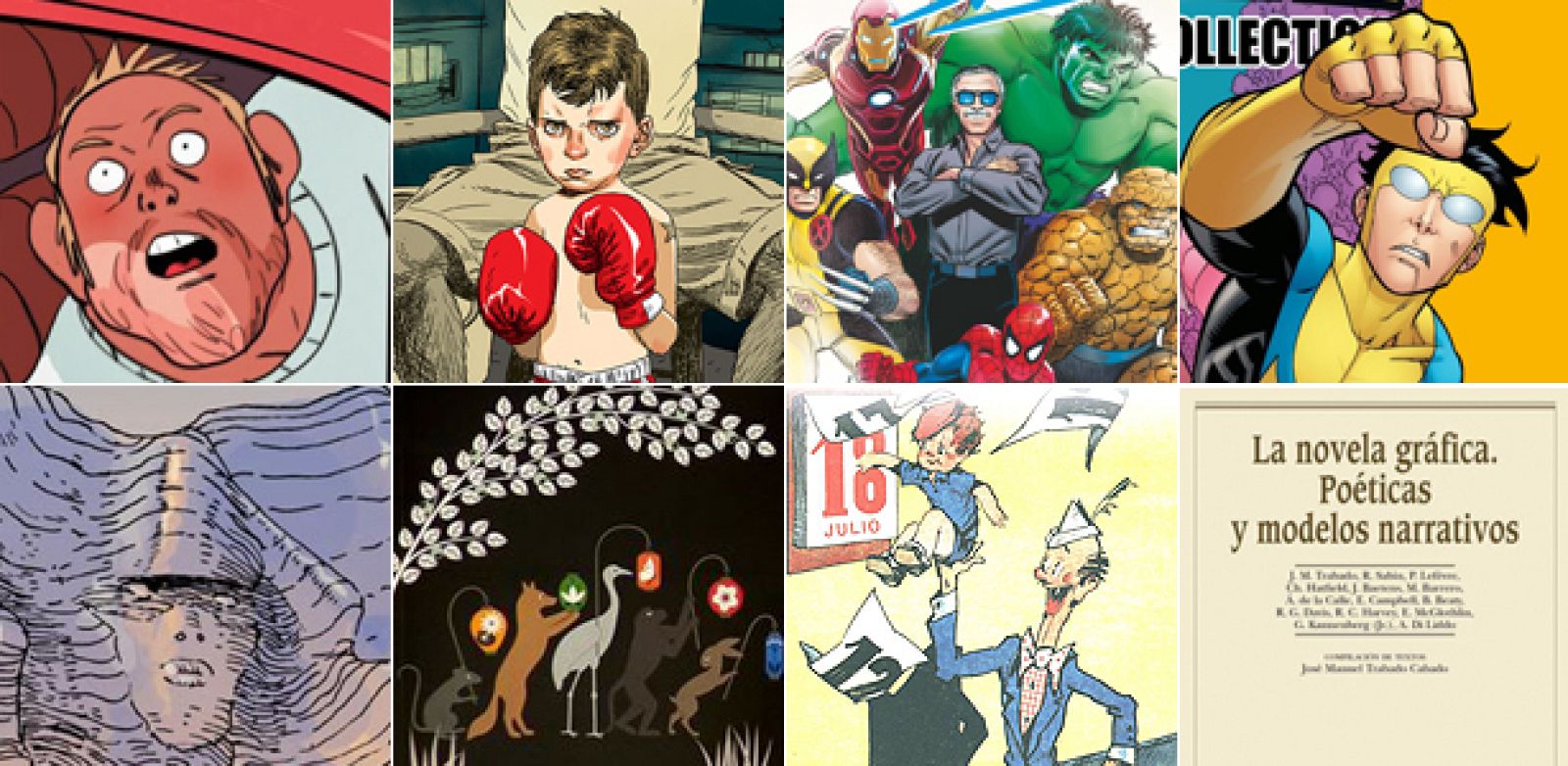 Fragmentos de ilustraciones de 'La plaga verde' (Ninth Ediciones), 'K.O. en Tel Aviv' (Ponent Mon), 'Aprende a dibujar cómic con Stan Lee' (Dolmen Editorial), 'Invencible Ultimate 4' (aleta ediciones - Dolmen), 'Prophet 2: Hermanos' (aleta ediciones)