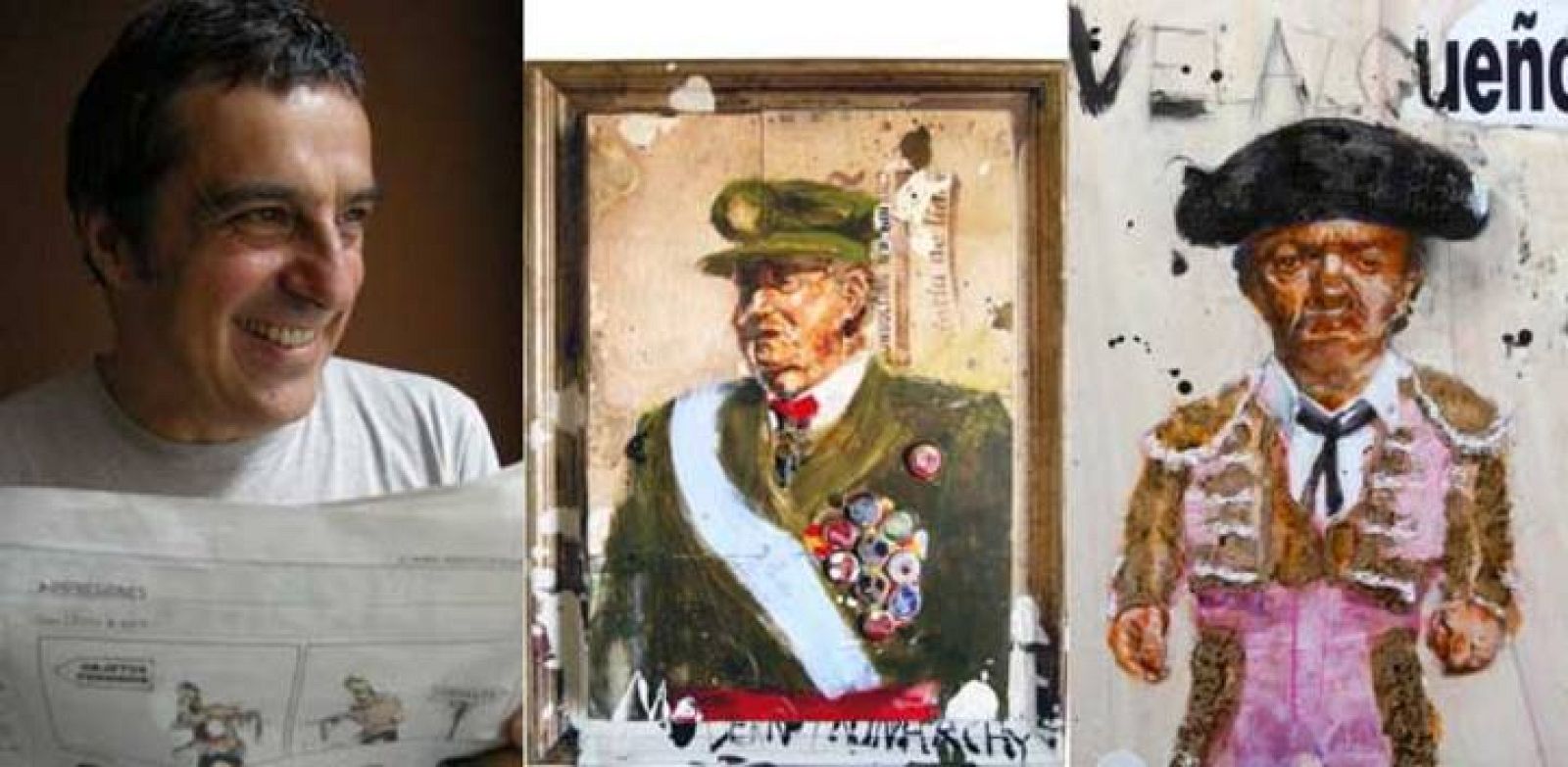 Julio Rey y dos de sus cuadros, con los que rinde homenaje a Velázquez, un retrato del Rey y un enano torero