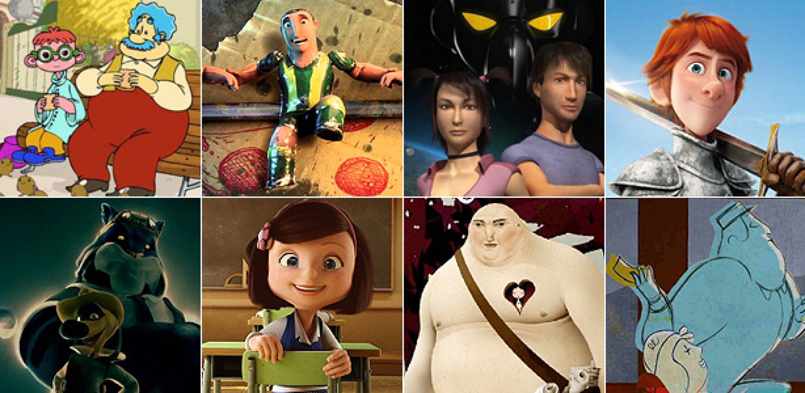 En la línea superior, las nominadas al Goya a la Mejor Película de Animación:  'El extraordinario viaje de Lucius Dumb', 'Futbolín', 'Hiroku. Defensores de Gaia' y 'Justin y la espada del valor'. En la inferior, los cortos: 'Blue & Malone', 'Cuerdas'