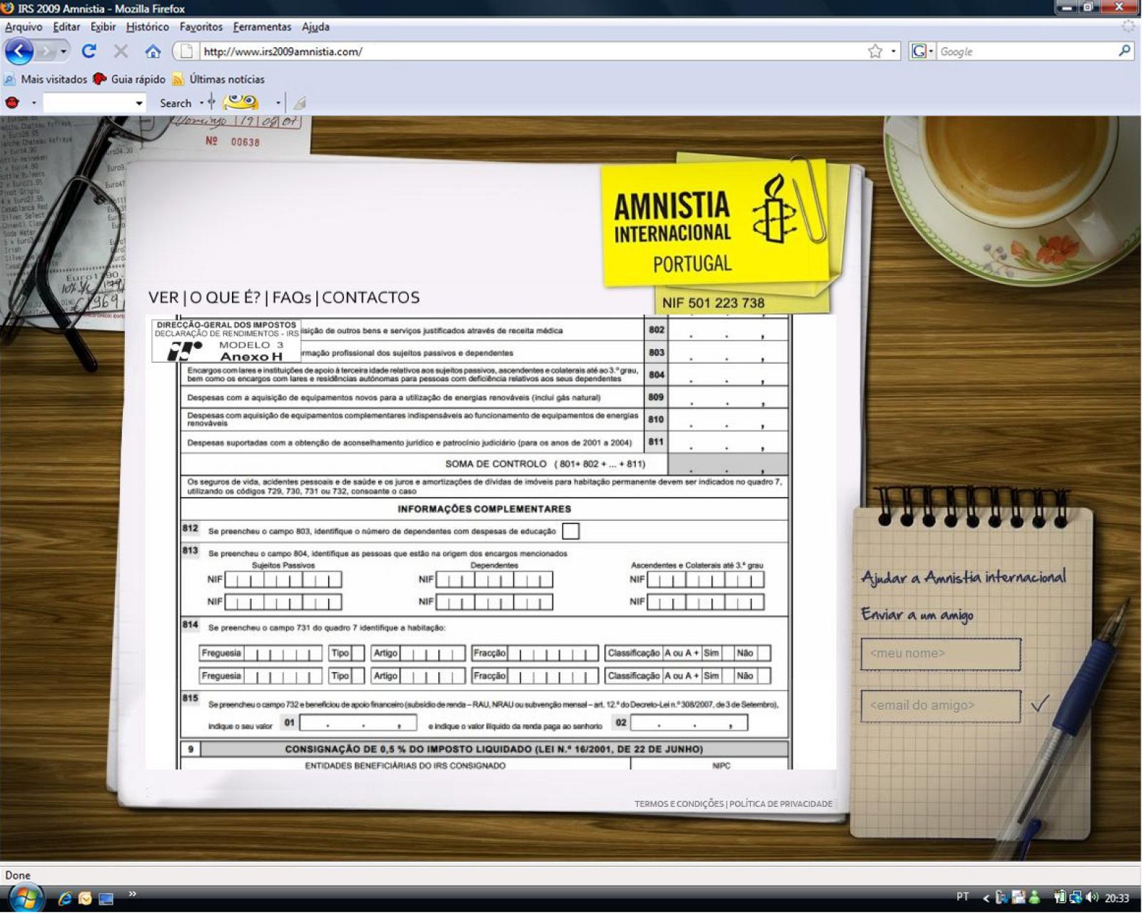 Formulario en papel de Amnistía Internacional Portugal.