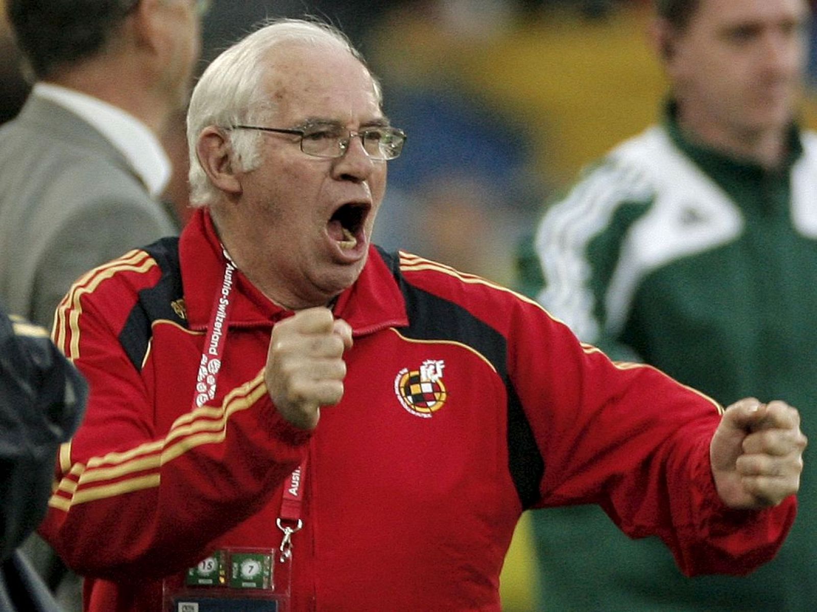 Luis Aragonés celebra el segundo gol que le da el triunfo a su equipo por 2-1.