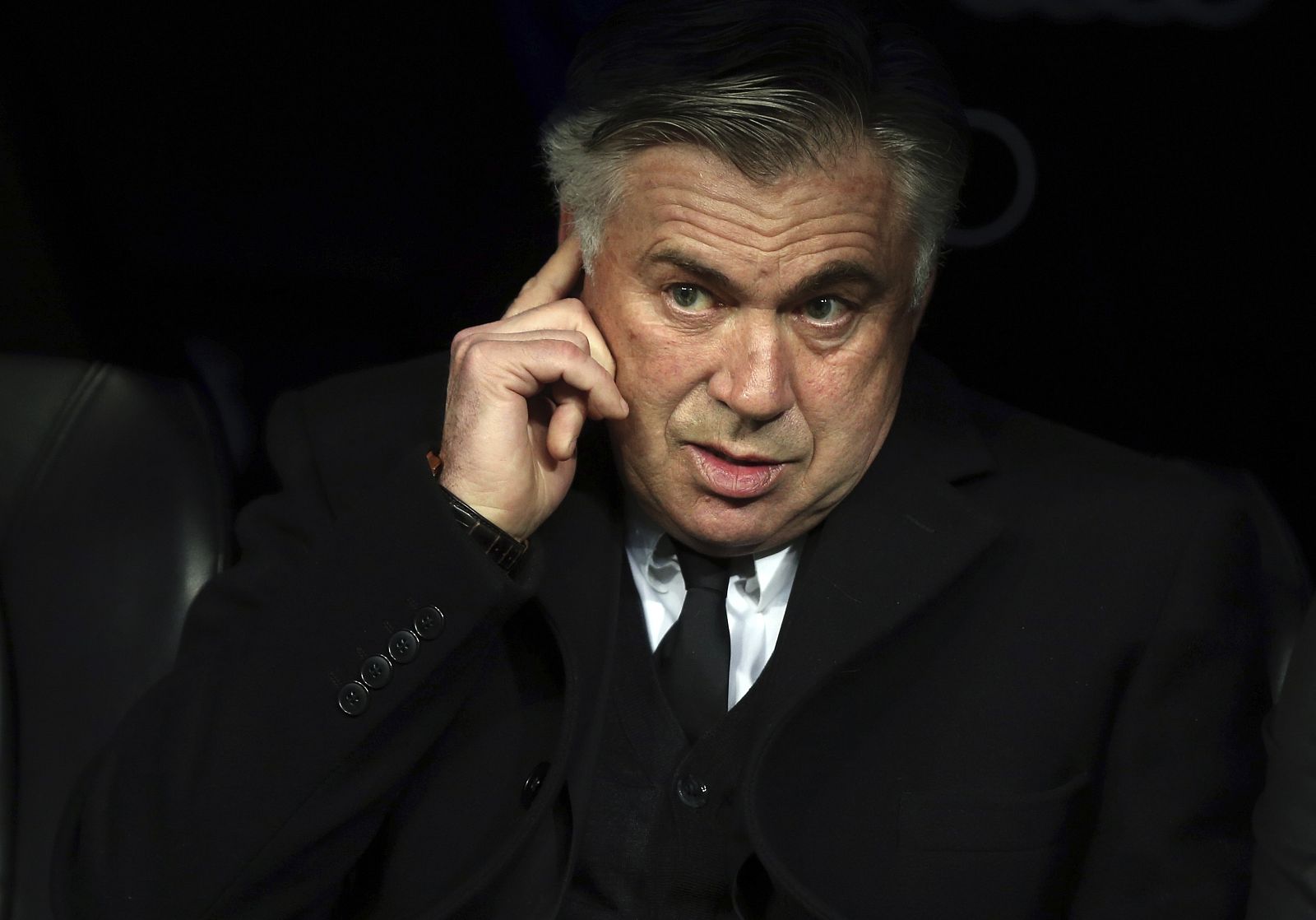 Real Madrid's coach Carlo Ancelotti gestures in the bench before their Spanish first division soccer match against Villarreal in Madrid