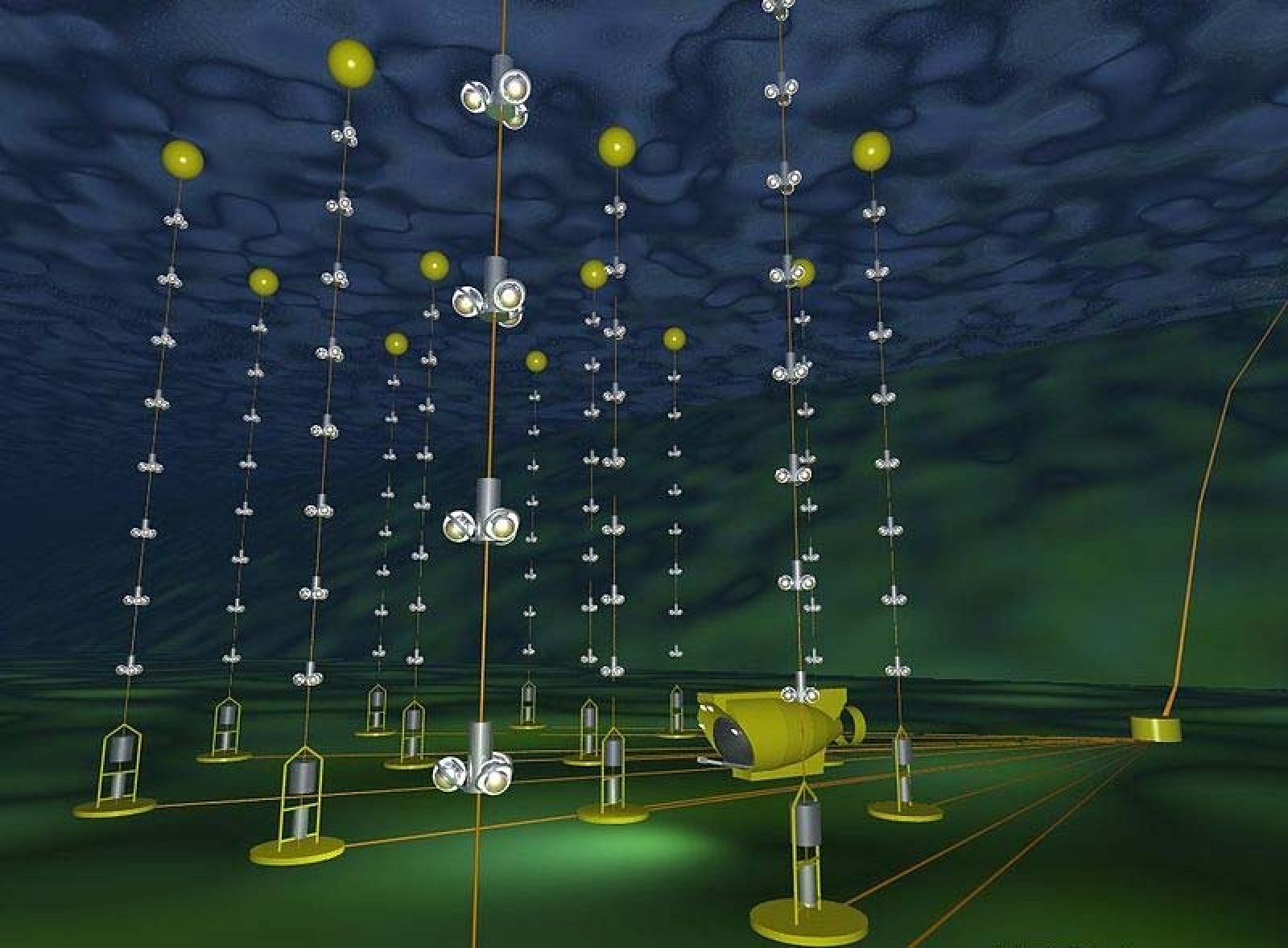 Ilustración del telescopio de neutrinos ANTARES ubicado frente a la costa de la Provenza.