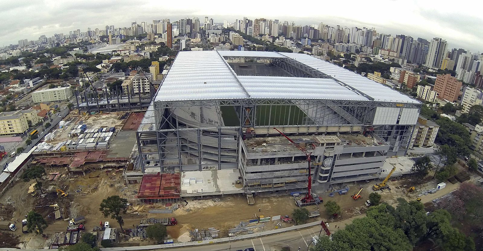 An aerial view of the main entrance of the Arena da Baixada soccer stadium as it is being built to host matches of the 2014 World Cup in Curitiba