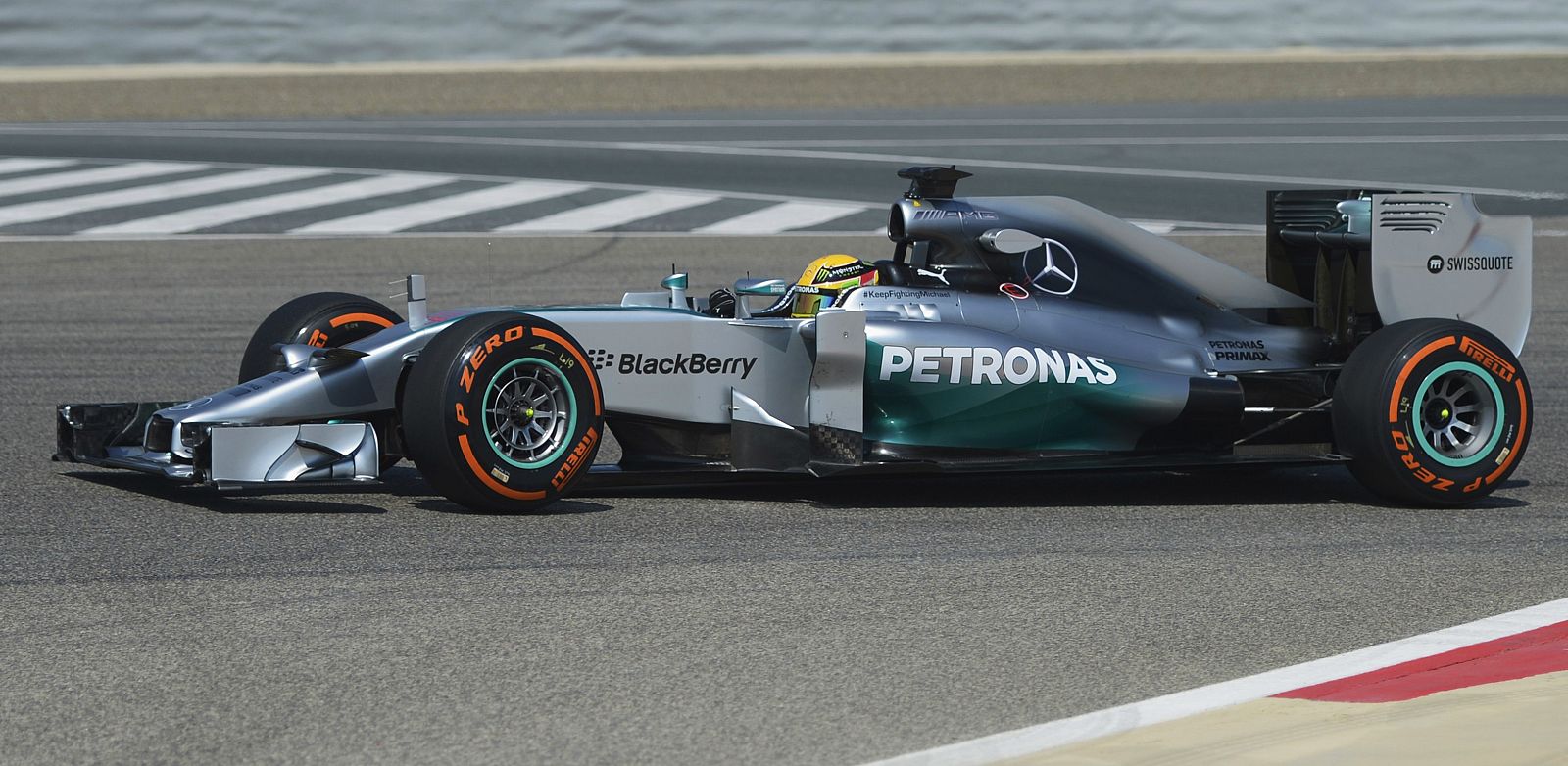 Mercedes F1 driver Lewis Hamilton of Britain takes his first lap during the first day of Formula One testing in Bahrain International Circuit in Sakhir