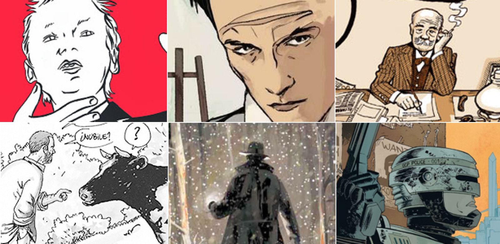 Fragmentos de ilustraciones de 'Julian Assange, de la ética hacker a Wikileaks' (Luces de Gálibo), 'Egon Schiele, vivir y morir' (Norma), 'La vida soñada del Capitán Salgari' (Norma). 'Rural' (La Cúpula), 'Grima' (Planeta DeAgostini) y 'Robocop'