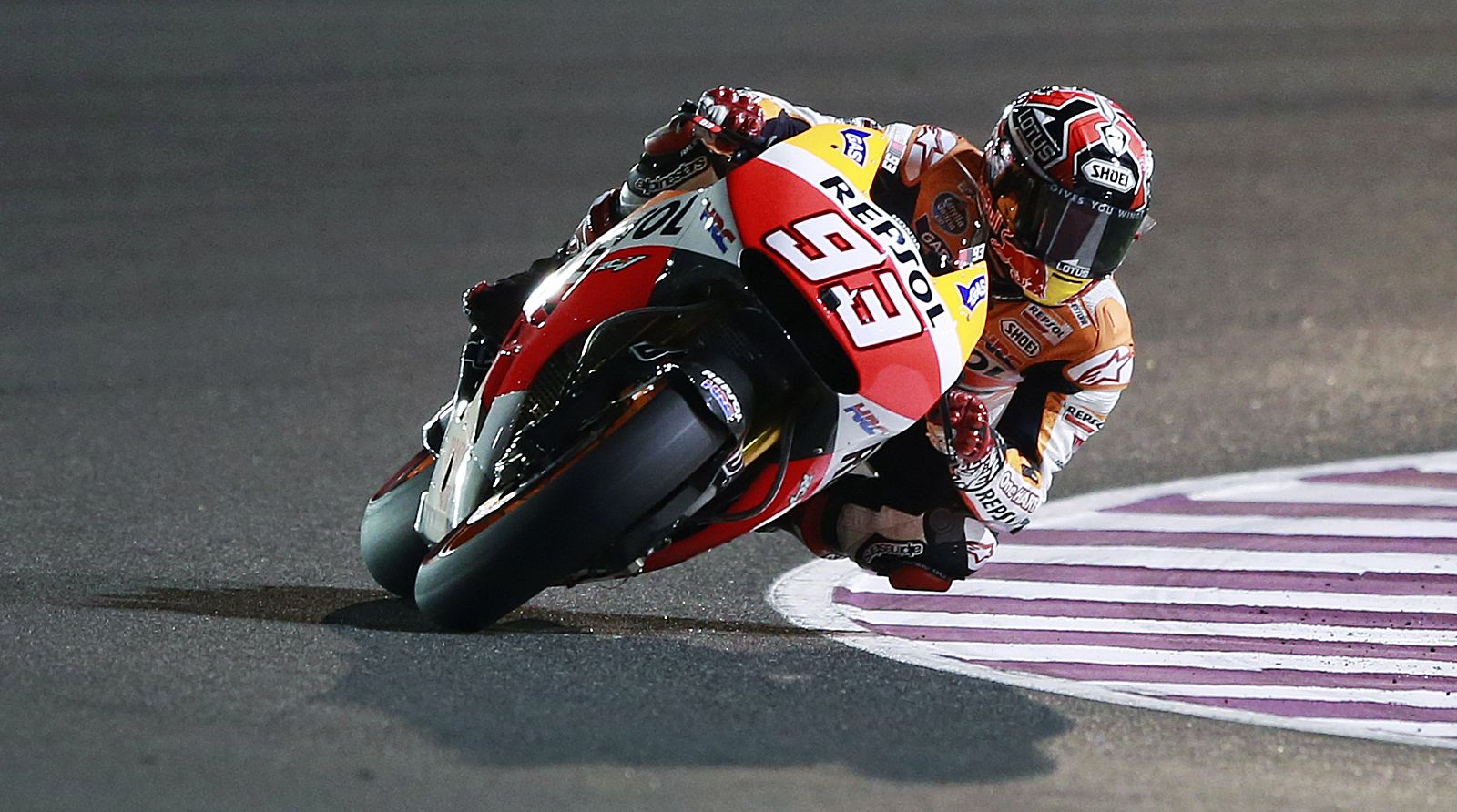 Honda MotoGP rider Marquez of Spain rides his bike during a free practice session at the MotoGP World Championship at the Losail International circuit in Doha