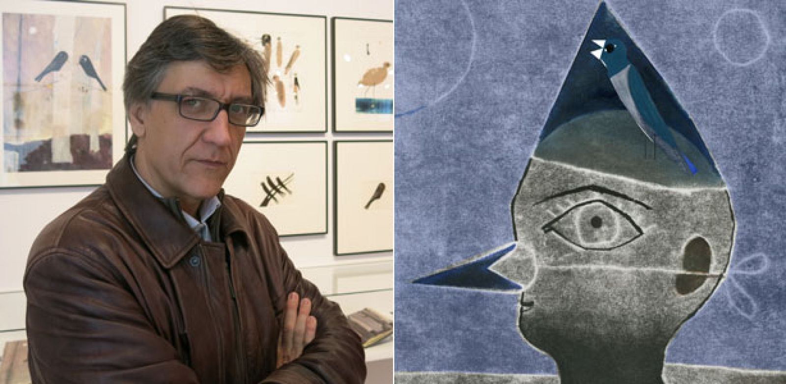 Javier Zabala y fragmento de una de las ilustraciones para 'El pájaro enjaulado'
