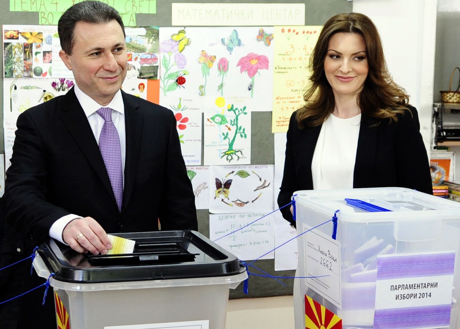 Gruevski casts his ballots next to his wife Borkica at a polling station in Skopje