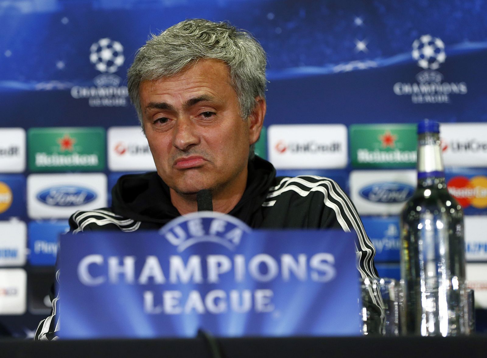 Chelsea's coach Jose Mourinho attends a media conference at Stamford Bridge in London