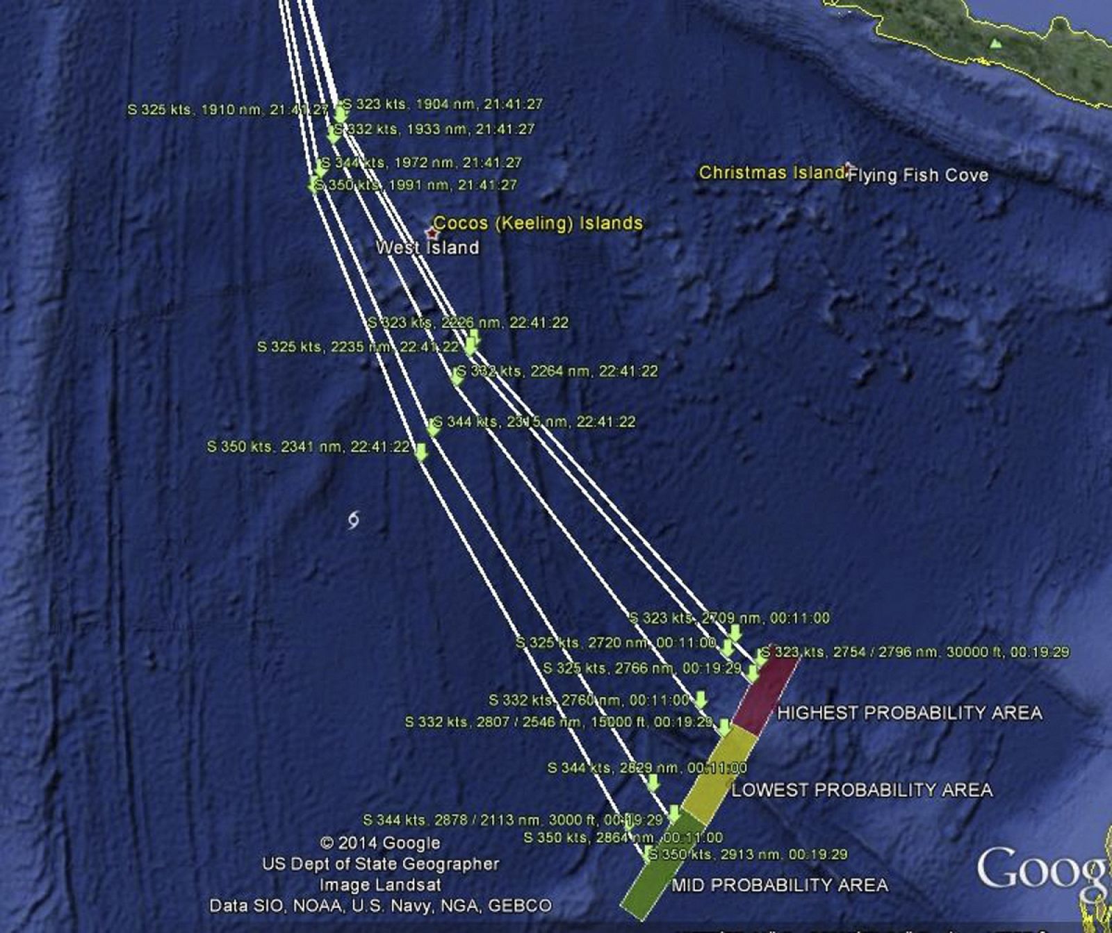 A map shows the possible path of Malaysia Airlines flight MH370 as released to Reuters by the Malaysian Transport Ministry