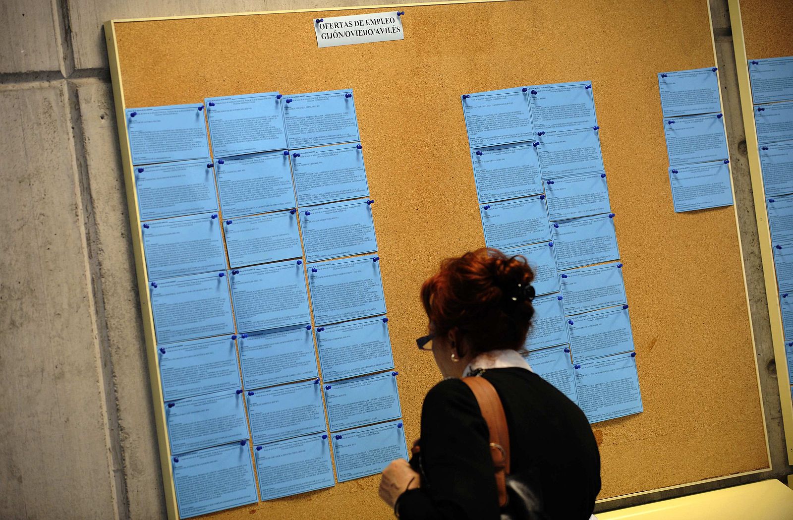 A woman looks at a board with job listings in an unemployment office in Gijon, northern Spain