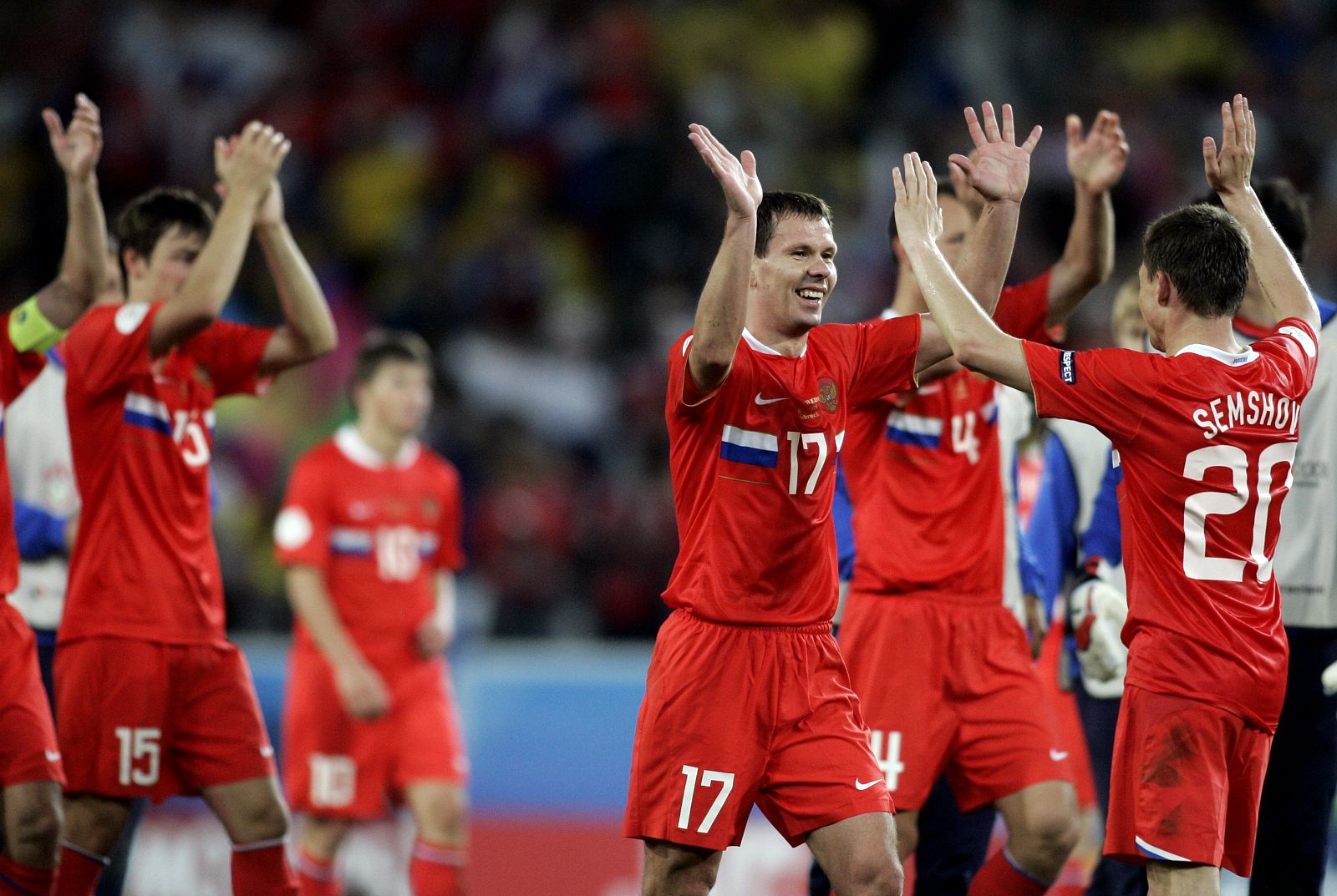 Russia's team celebrates after their Euro 2008 soccer match victory over Sweden in Innsbruck