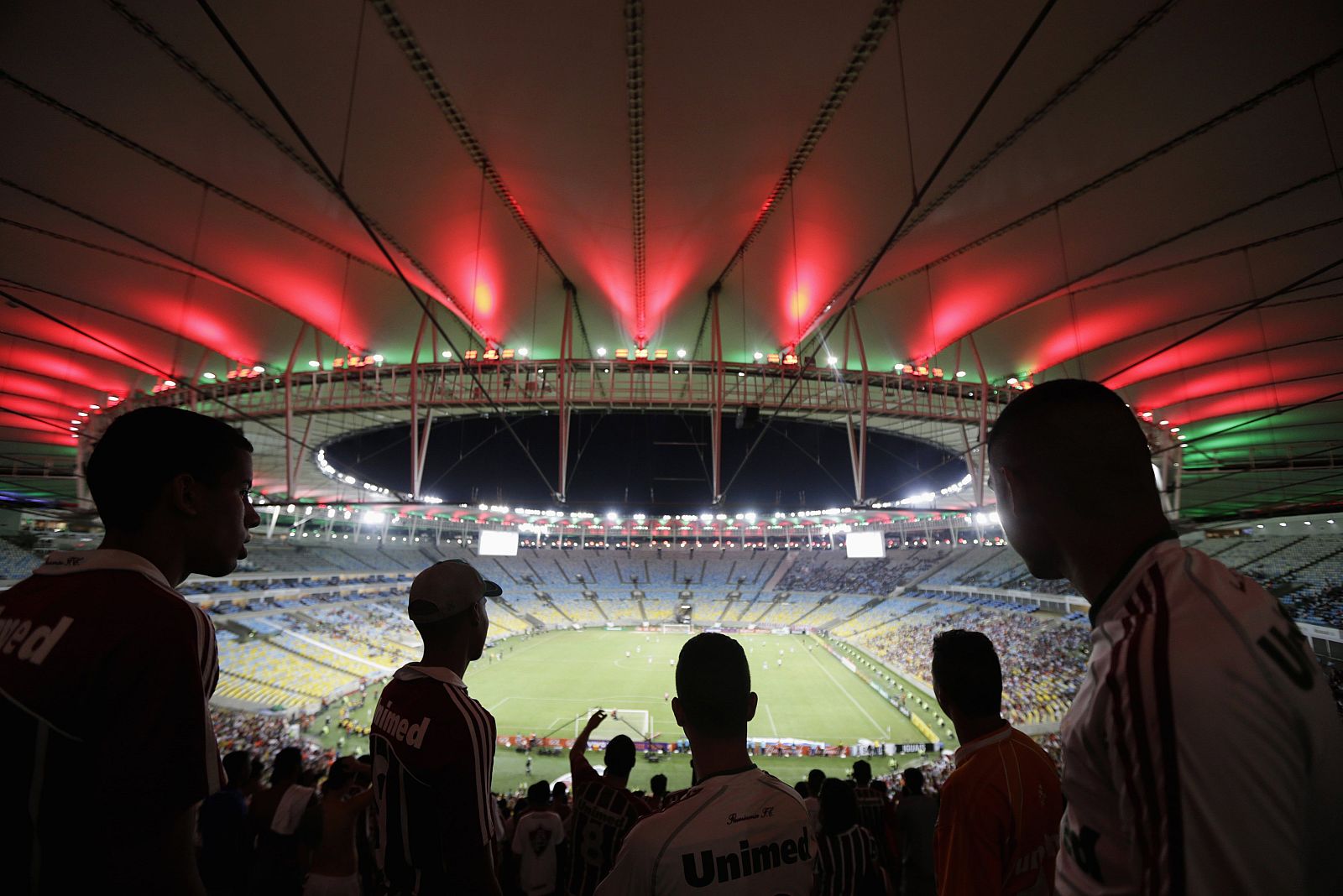 Fluminense fans watch a Brazilian championship soccer match against Sao Paulo in Maracana stadium in Rio de Janeiro