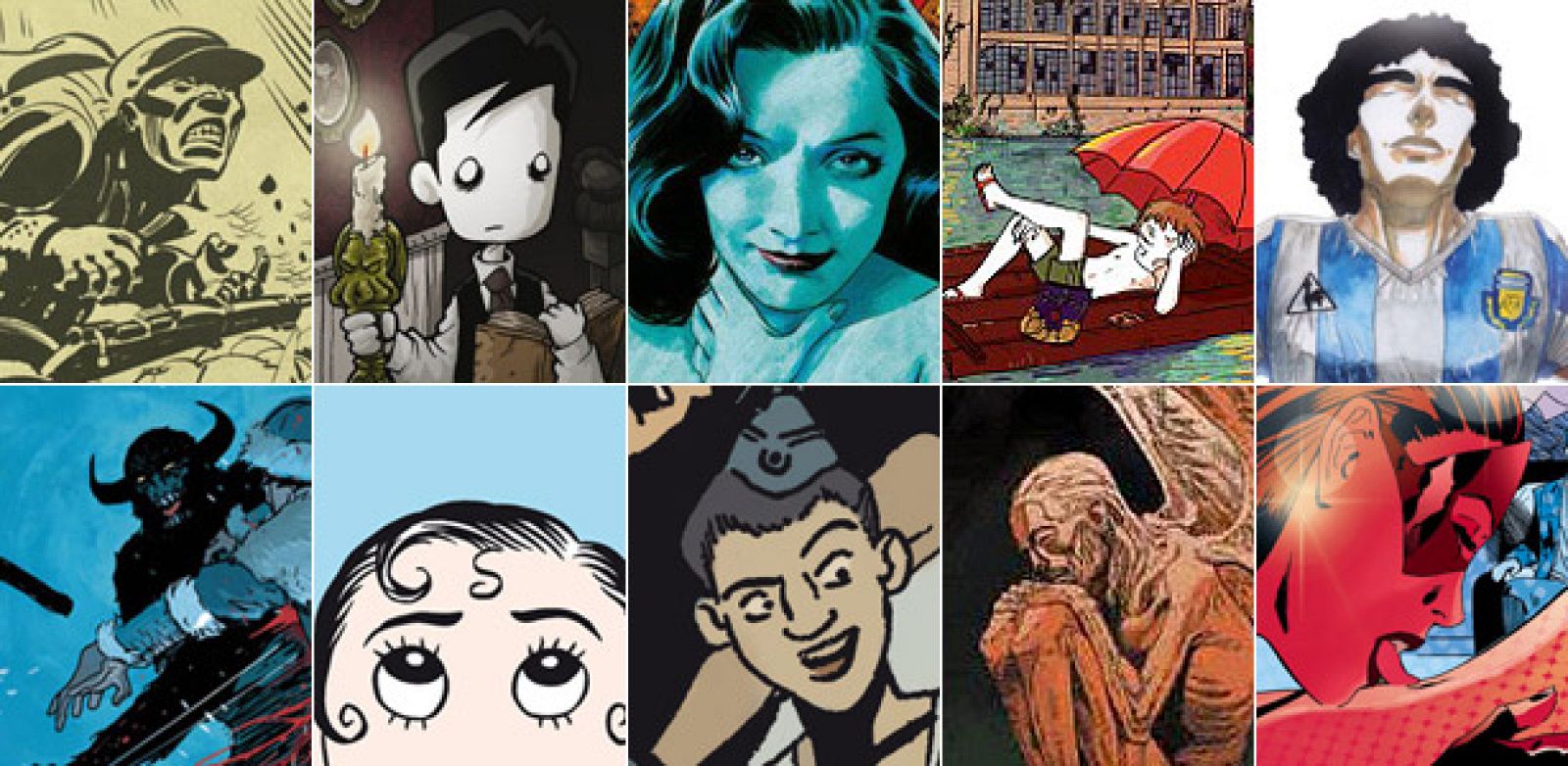 Imágenes de ¡Cadáver en el Imjin! (Norma Editorial), El joven Lovecraft 4 (Diábolo Ediciones), Fatale 2 (Panini), Huck Finn (Impedimenta), La mano de Dios (Diábolo Ediciones), La sombra blanca (Yermo Ediciones), Majareta (La Cúpula), Pacífico (Planet