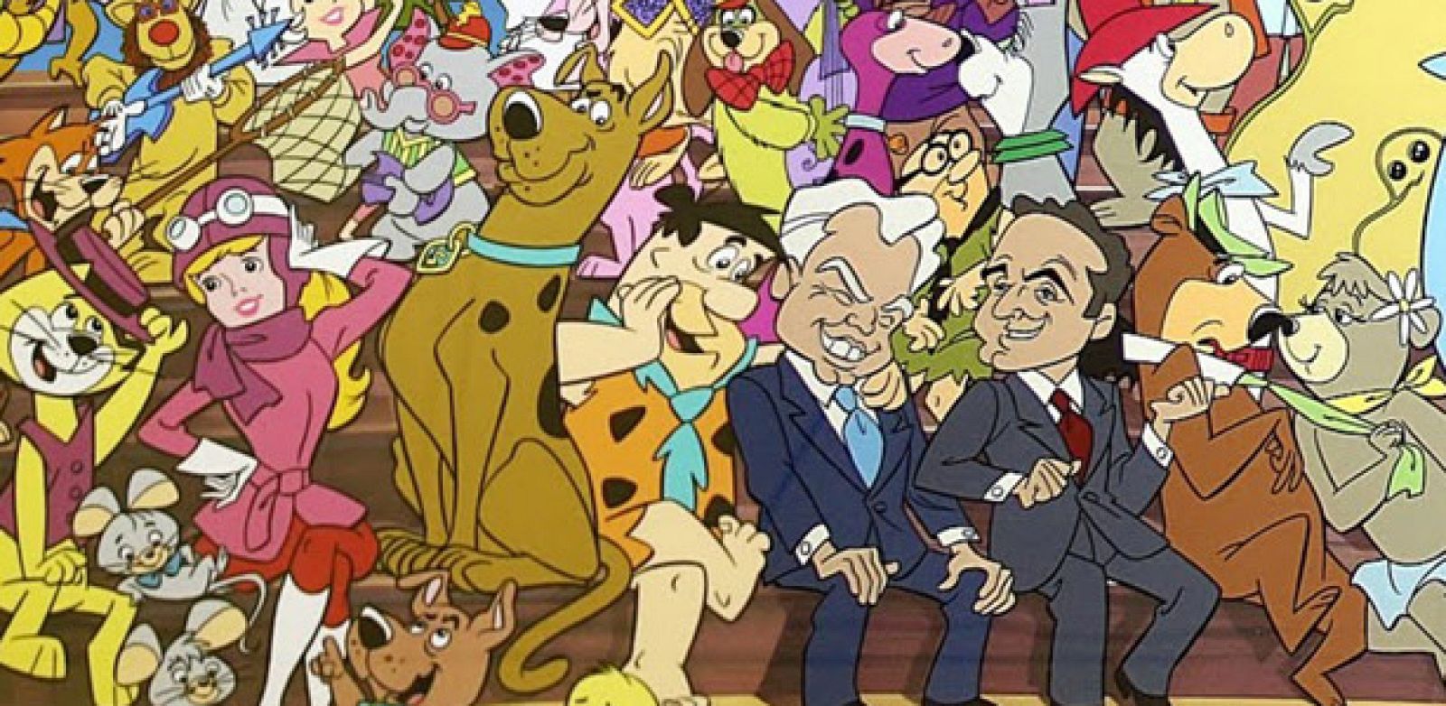 Hanna y Barbera junto a algunos de sus personajes