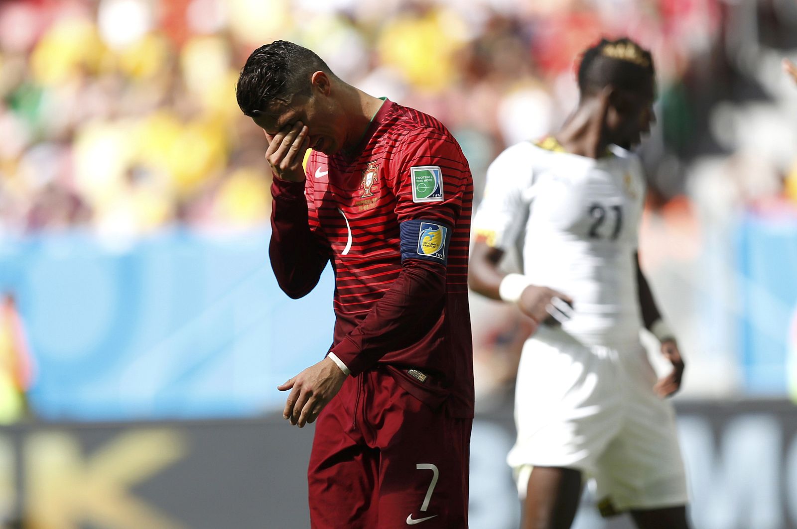 Portugal's Cristiano Ronaldo reacts during their 2014 World Cup Group G soccer match against Ghana at the Brasilia national stadium in Brasilia