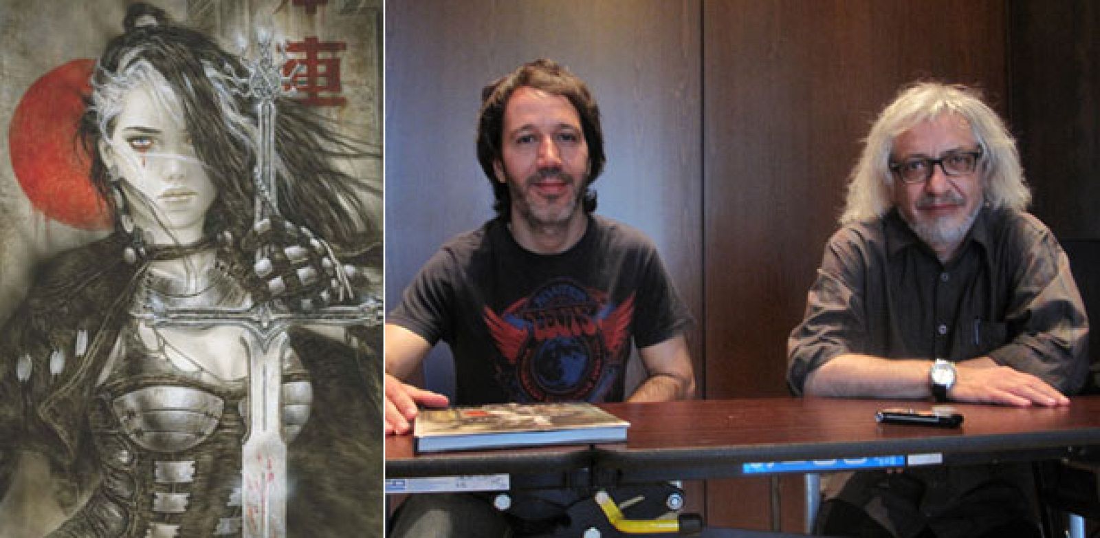 Luis y Romulo Royo junto a un detalle de la portada de 'Malefic Time 2: 110 Katanas'
