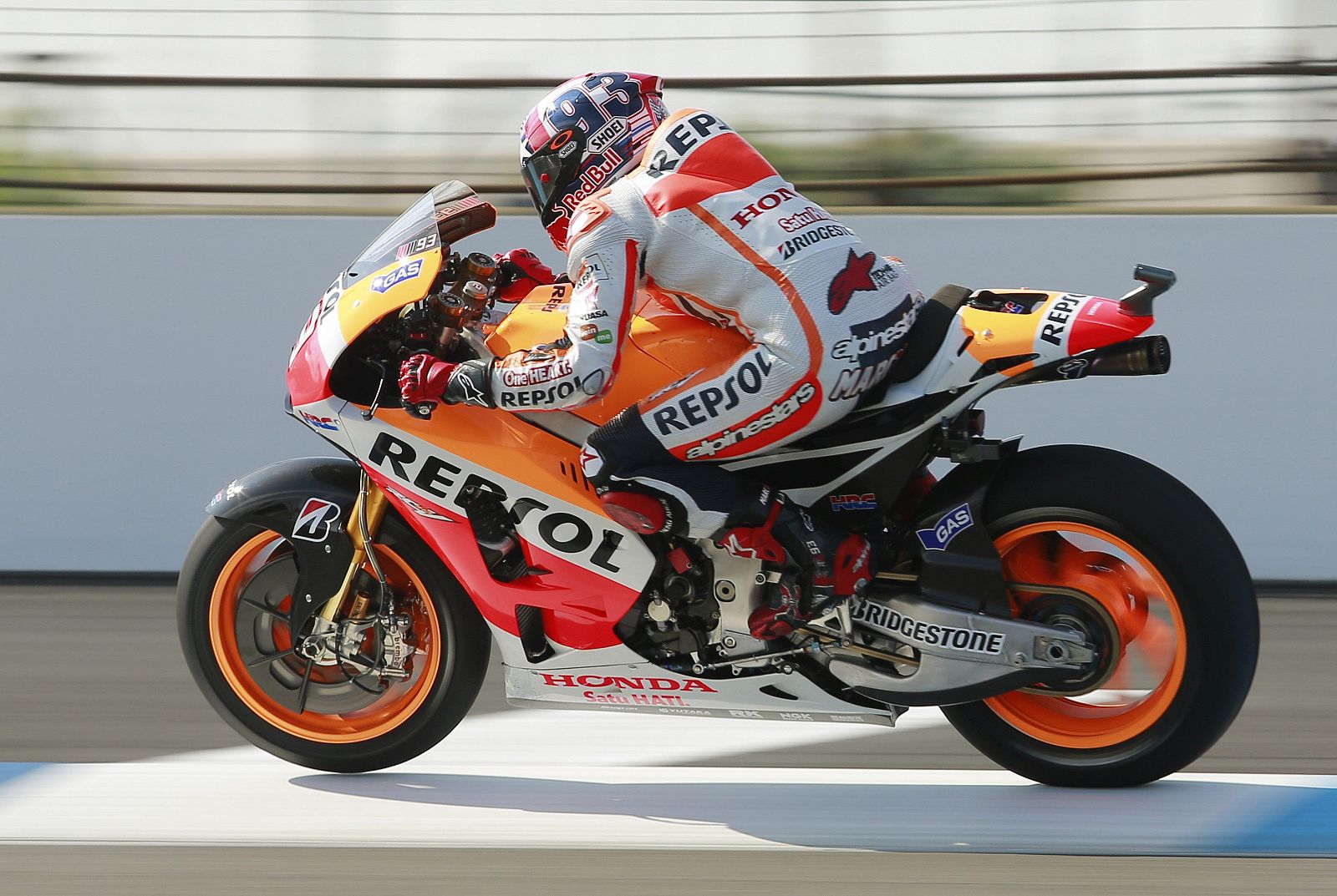 Marc Marquez rides during practice for the Indianapolis GP in Indianapolis.