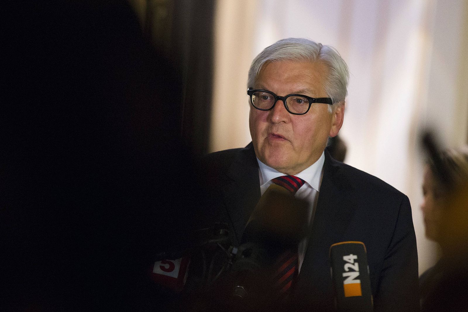 Germany's Foreign Minister Steinmeier briefs the media after talks with his counterparts from Russia, Ukraine and France at Villa Borsig in Berlin
