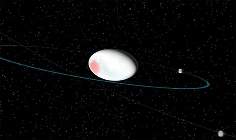 Más allá de la órbita de Neptuno se mueve el diminuto y extraño planeta Haumea. Tiene forma de balón de rugby achatado, de unos 2.000 km de largo y tiene una de las velocidades de rotación más rápidas del sistema solar: da una vuelta completa en men