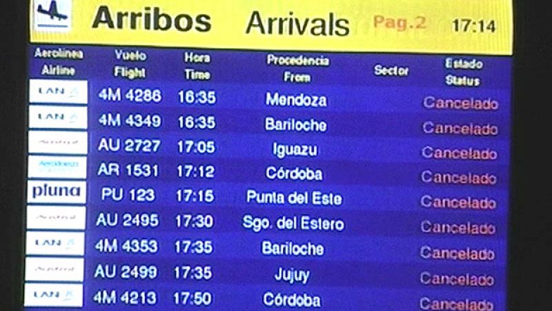   Por segunda vez esta semana, los aeropuertos de Buenos Aires están cerrados por las cenizas del volcán Puyéhue