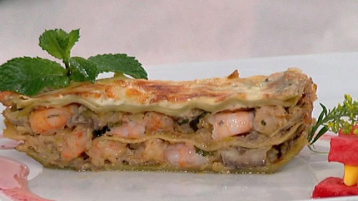 Lasaña de champiñones y langostinos