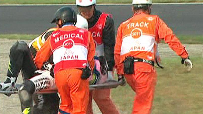 El piloto español de Moto2 Sergio Gadea (Moriwaki), ha sufrido una fuerte caída durante los entrenamientos del GP de Japón que obligó a su evacuación en ambulancia a la clínica del circuito y de ahí al centro médico Dokkyo Medical University, en Mibu