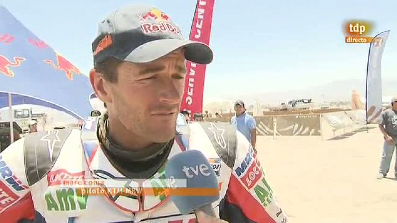 El piloto de motos español Marc Coma (KTM) lamentó que el orden de salida de la etapa de mañana, la penúltima del Dakar, no le beneficia y puede poner en riesgo el liderato del rally que recuperó hoy. "Mañana será muy complicado. El orden de salida n
