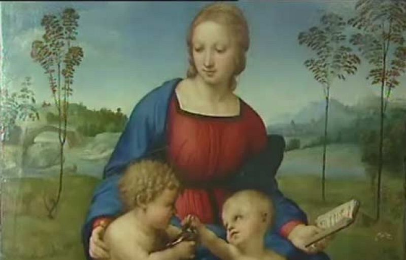 En el museo de los Uffizi de Florencia, esperan con interés la vuelta de uno de sus cuadros, la Virgen del Jilguero de Rafael, que ha estado 9 años en restauración. TVE ha podido grabar en exclusiva las primeras imágenes (09/06/08).