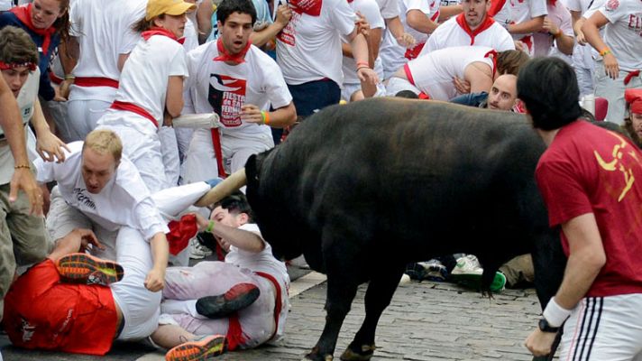 San Fermín - 'Fugado' protagoniza tres cornadas en un tercer encierro largo de San Fermín 2012, de Cebada Gago