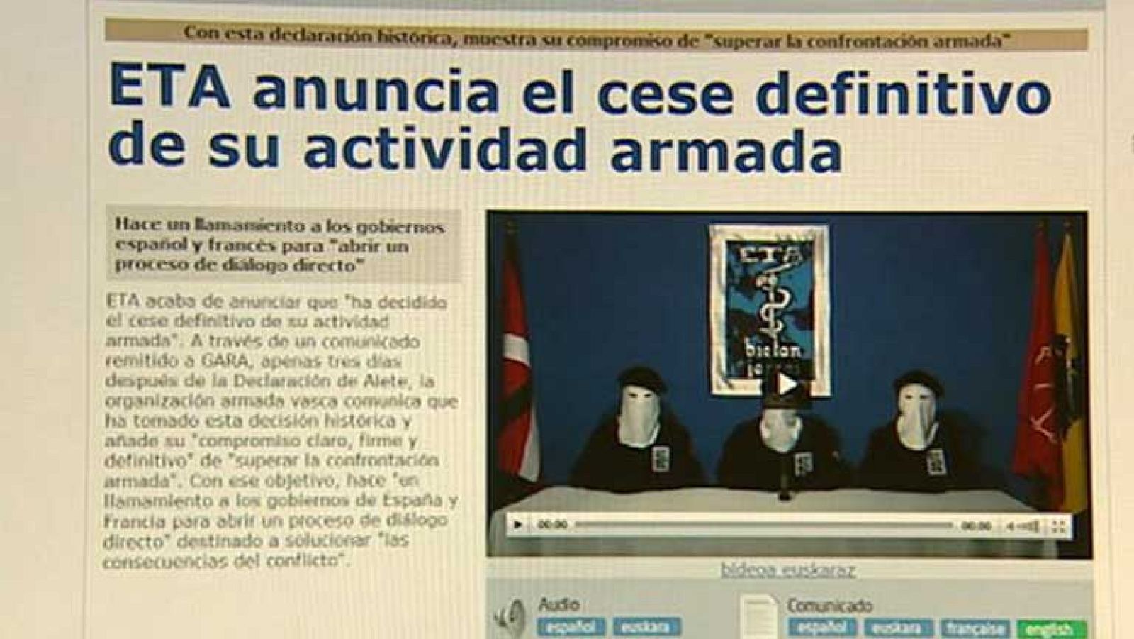  La banda ETA mantiene su decisión de mantener el cese de la actividad terrorista
