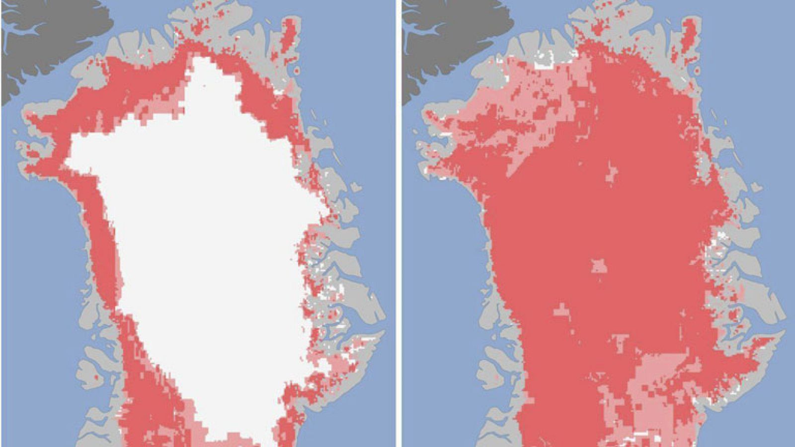 El hielo que cubre la superficie de Groenlandia desapareció casi por completo durante varios días de este mes, como demuestran las imágenes aportadas por varios satélites. Es la primera vez que ocurre algo así desde hace tres décadas, cuando se iniciaron este tipo de observaciones.La NASA ha comunicado que el deshielo "se extendió rápidamente" y mientras el 8 de julio los satélites mostraban que afectaba a cerca del 40% de la superficie, solo cuatro días después se había derretido el 97% del hielo de la zona.El fenómeno se observó comparando fotografías de este mes con otras de la misma zona realizadas en años anteriores y afectó por igual a toda la isla, desde las capas más finas de la costa hasta las del interior, donde el hielo alcanza dos kilómetros de profundidad.
