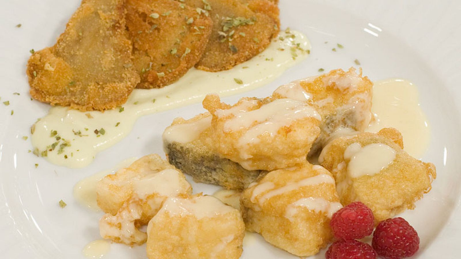 Bacalao a la miel con setas empanadas 