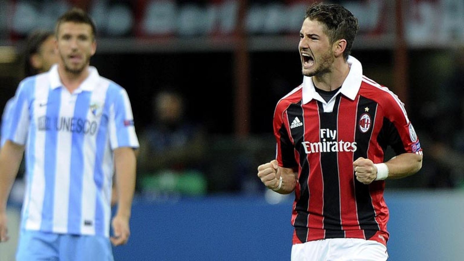 El jugador brasileño del Milan, Pato, consigue el empate, 1-1, en el minuto 72 del partido de la fase de grupos de la Champions contra el Málaga, en el que el equipo andaluz se ha clasificado para octavos de final.