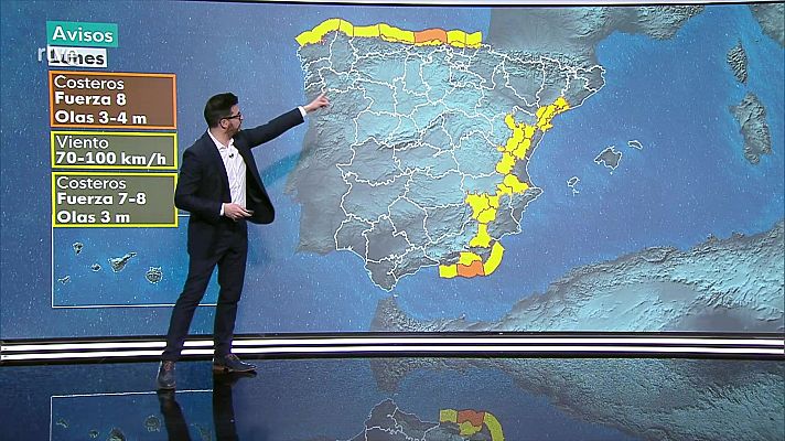 Intervalos de viento fuerte en la costa de Galicia, Cantábrico y área mediterránea