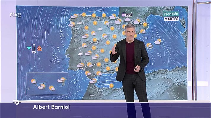 Intervalos de viento fuerte en el Cantábrico, bajo Ebro, litoral de Andalucía oriental y Baleares.