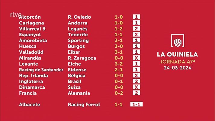 Loterías - Sorteo de la Quiniela del 26/03/2024 - Jornada 47